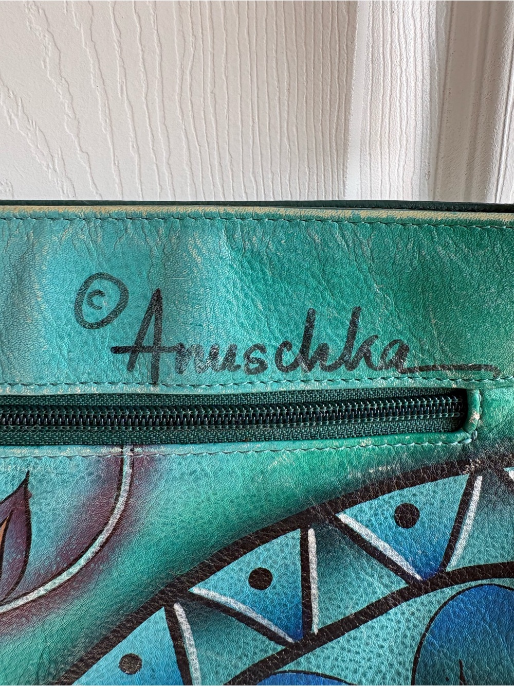 Anuschka Hobo Bag Purse Hand Painted Floral Peacock Leather Green Blue Artsy - Picture 7 of 12